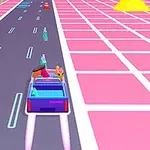 핑크색 격자 무늬 배경의 도로 위를 달리는 파란차