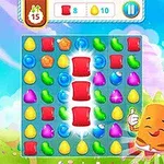 다양한 색상의 사탕이 가득한 퍼즐 보드와 웃고 있는 캐릭터