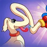 파란 왕관을 쓴 캐릭터가 큰 붉은 복싱 글러브를 끼고 강아지와 대치하고 있는 모습