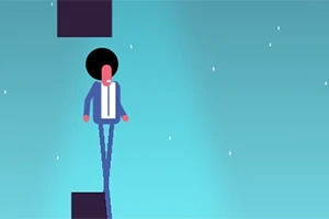 아프로 헤어스타일의 캐릭터가 우주 배경의 파란색 스크린에서 두 발을 모아 계단을 오르는 모습