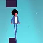 아프로 헤어스타일의 캐릭터가 우주 배경의 파란색 스크린에서 두 발을 모아 계단을 오르는 모습