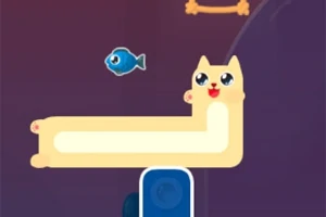 긴 몸을 가진 귀여운 만화 고양이와 떠다니는 물고기 이미지