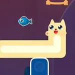 긴 몸을 가진 귀여운 만화 고양이와 떠다니는 물고기 이미지