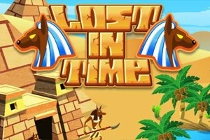 피라미드와 야자수가 있는 사막 배경에 LOST IN TIME라는 글자가 적혀 있습니다
