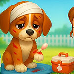 애니메이션 스타일의 소녀가 머리에 붕대를 감은 강아지를 걱정스럽게 바라보고 있으며, 응급처치 상자가 옆에 놓여 있다