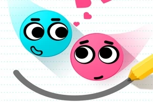 파란색과 분홍색 얼굴 이모티콘이 웃는 얼굴을 보고 있고 연필로 선을 그리는 모습