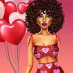 풍성한 곱슬머리를 가진 여성이 하트 모양 풍선을 배경으로 하트 패턴의 붉은색 드레스를 입고 있는 모습