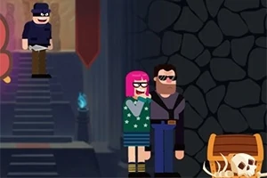 핑크색 머리를 한 여자와 선글라스를 쓴 남자가 어두운 배경 앞에서 서 있고, 뒤쪽 계단에는 모자를 쓴 인물이 도끼를 들고 있으며, 오른쪽에 해골이 있는 보물 상자가 놓여 있다