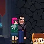 핑크색 머리를 한 여자와 선글라스를 쓴 남자가 어두운 배경 앞에서 서 있고, 뒤쪽 계단에는 모자를 쓴 인물이 도끼를 들고 있으며, 오른쪽에 해골이 있는 보물 상자가 놓여 있다