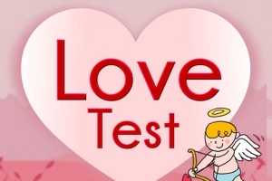 큰 분홍색 하트 배경에 Love Test라는 빨간 글자가 쓰여 있고, 오른쪽 아래에 날개를 단 작은 천사가 활을 들고 있는 그림