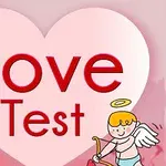 큰 분홍색 하트 배경에 Love Test라는 빨간 글자가 쓰여 있고, 오른쪽 아래에 날개를 단 작은 천사가 활을 들고 있는 그림