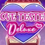 큰 하트를 배경으로 Love Tester: Deluxe라는 핑크색 글자가 중앙에 있는 이미지