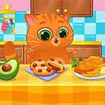 주방에서 식탁 위에 있는 아보카도, 쿠키, 핫도그, 치킨 요리 옆에 서 있는 귀여운 고양이