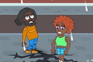 남자와 여자가 균열이 생긴 바닥 위에 서 있는 모습