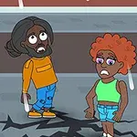 남자와 여자가 균열이 생긴 바닥 위에 서 있는 모습