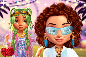 두 명의 캐릭터가 화려한 옷을 입고 파티 조명 아래에 서 있는 모습