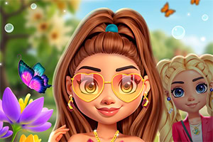 애니메이션 캐릭터가 하트 모양의 선글라스를 착용하고 있으며, 주변에 꽃과 나비가 있는 밝고 화사한 배경