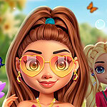 애니메이션 캐릭터가 하트 모양의 선글라스를 착용하고 있으며, 주변에 꽃과 나비가 있는 밝고 화사한 배경