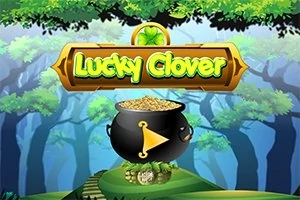 숲 속 검은 솥에 황금 동전이 담겨 있고 네잎클로버 배경 위에 Lucky Clover라는 글자가 있는 이미지