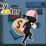 도둑이 돈주머니를 들고 방을 나가는 모습의 만화 스타일 그림