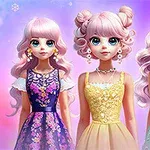 세 명의 인형 같은 소녀들이 화려한 드레스를 입고 서 있는 모습입니다