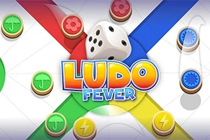 Ludo Fever라는 텍스트와 주사위, 빨간색, 파란색, 노란색 및 초록색 말판이 있는 이미지