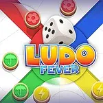 Ludo Fever라는 텍스트와 주사위, 빨간색, 파란색, 노란색 및 초록색 말판이 있는 이미지