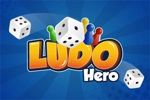 주사위와 색색의 말들이 있는 Ludo Hero 로고