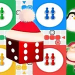 빨간색 산타 모자를 쓴 주사위와 펭귄, 산타클로스가 있는 보드 게임 디자인