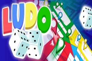 화려한 색상의 보드와 주사위가 있는 LUDO 텍스트 이미지