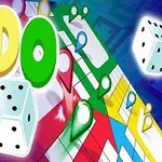 화려한 색상의 보드와 주사위가 있는 LUDO 텍스트 이미지