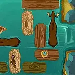 강 위에 통나무와 사슴, 사람이 놓여져 있는 장면