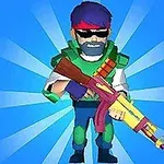 선글라스를 쓰고 총을 든 캐릭터가 파란 배경 앞에 서 있는 모습