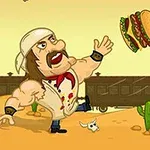 근육질의 남자가 패티와 채소가 들어간 햄버거를 공중에서 잡으려 하고 있으며, 배경에는 기차와 선인장이 보이고, 오른쪽에는 지팡이를 든 원주민이 서 있다