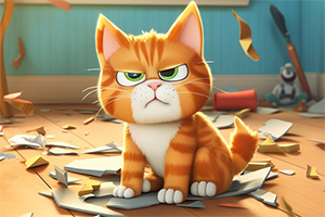 주황색 털의 고양이가 화난 표정을 지으며 바닥의 종이 조각들 위에 앉아 있다