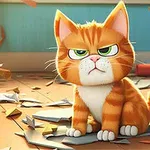 주황색 털의 고양이가 화난 표정을 지으며 바닥의 종이 조각들 위에 앉아 있다