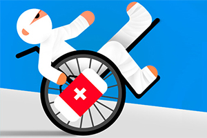 휠체어에 앉아 붕대를 감고 있는 사람 그림과 응급 처치 상자