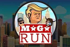 아래쪽 큰 텍스트 MAGA RUN 위에 큰 노란머리 남성 얼굴과 양쪽에 FBI 모자 쓴 사람 및 뿔 달린 사람의 얼굴 그림이 있는 이미지