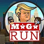 아래쪽 큰 텍스트 MAGA RUN 위에 큰 노란머리 남성 얼굴과 양쪽에 FBI 모자 쓴 사람 및 뿔 달린 사람의 얼굴 그림이 있는 이미지