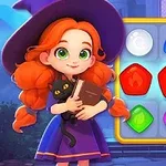 주황색 머리의 마녀 아이가 검은 고양이와 책을 안고 있으며, 옆에는 다양한 색상의 보석으로 채워진 퍼즐판이 있습니다