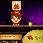 두 명의 캐릭터가 있는 화면으로, 왼쪽에는 빨간 모자를 쓴 여성 캐릭터가 있고 오른쪽에는 파란 얼굴의 캐릭터가 있으며, 각 캐릭터 위에 다양한 음식 아이콘이 있고 아래에는 재료와 관련된 인터페이스가 보입니다