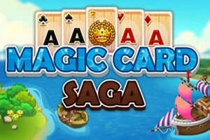 나무 배경에 여러 개의 카드와 함께 MAGIC CARD SAGA라는 텍스트가 있는 이미지