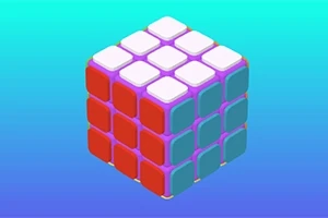 파란색과 빨간색 면을 가진 완성된 상태의 입체 퍼즐 큐브