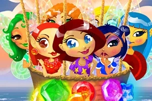 여섯 명의 만화 캐릭터들이 열기구에 타고 있으며, 아래에는 다양한 색상의 보석들이 반짝이고 있다