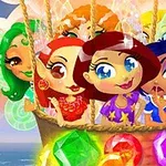 여섯 명의 만화 캐릭터들이 열기구에 타고 있으며, 아래에는 다양한 색상의 보석들이 반짝이고 있다