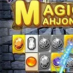 벽돌 배경에 다양한 보석과 함께 MAGIC MAHJONG이라는 텍스트가 있는 이미지