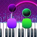 화려한 배경 위에 피아노 건반과 색색의 구가 떠 있는 장면