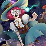 빨간 머리의 안경을 쓴 소녀가 큰 모자와 마법 지팡이를 들고 있으며, 신비로운 기운과 빛나는 아이템들이 주변에 떠다니고 있다
