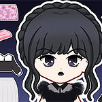 거대한 눈과 검은 머리를 가진 캐릭터와 다양한 의상이 배치된 이미지