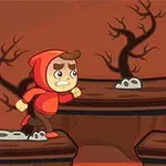 붉은 후드를 입은 캐릭터가 나뭇가지가 드문드문한 플랫폼 위를 달리고 있으며, 오른쪽에는 날아가는 작은 새가 있다